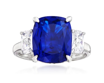 Blue Sapphire Cushion Cut Sterling Silver Engagement Ring, Three Stone