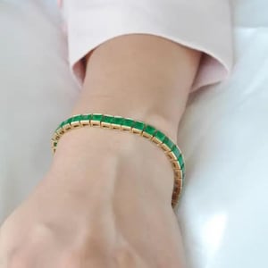 14k Gold plated Princess Emerald Bracelet, Art Deco Tennis Bracelet, Zambian Emerald Wrist Bracelet, Half Bezel Set Wedding Bracelet