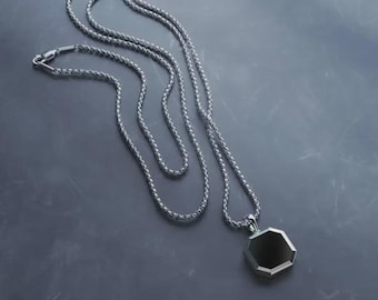 Sterling Silver Octagon Black Onyx Pendant Necklace, Personalized Jewelry