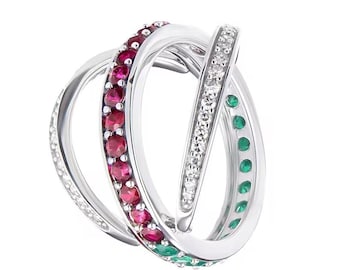 Flipring met smaragd robijn diamant, sterlingzilveren trouwring