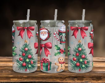 Christmas Tumbler with Santa, Gingerbread, Hot Cocoa and Gifts, Festive Holiday Cup with Trees, Bows, Ornaments, and Winter Cheer