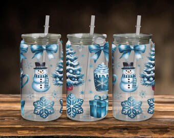 Blue Snowman Winter Tumbler with Cocoa Mugs, Snowflakes, Trees, Bows and Gifts, Frosty Holiday Cup with Chill Vibes and Icy Christmas Charm