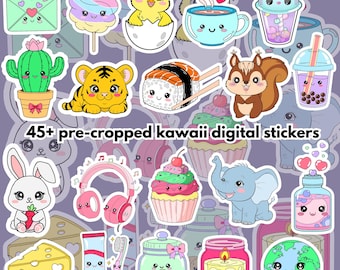 May include: A collection of 45+ pre-cropped kawaii digital stickers. The stickers feature various cute illustrations, including a chick hatching from an egg, a tiger cub, sushi, a squirrel, a bunny, a cupcake, and a smiling earth.