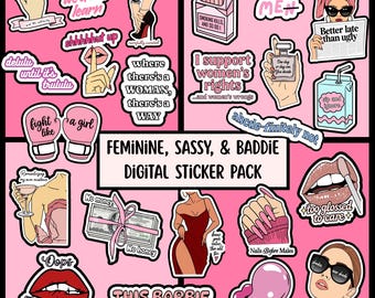 May include: A digital sticker pack with a pink background featuring various illustrations and text. The stickers include phrases like "This Barbie is stronger than she thinks," "I like men," and "Nails before males."