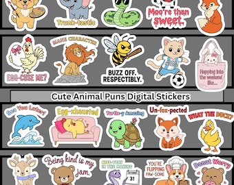 May include: A collection of digital stickers featuring cute animal puns. The stickers include a dog with a paintbrush, an elephant, a snake, a cow, a fox, a chicken, a lion, a bee, a cat, a dolphin, a turtle, a fox, a duck, a deer, a bear, a snake, a corgi, and a bear.