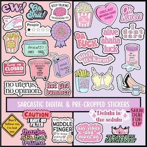 May include: A selection of sarcastic digital and pre-cropped stickers. The stickers feature humorous phrases and graphics, including "Oh Shit!", "Male Tears", and "Fries Before Guys". The design uses a pink, white, and black colour scheme, with a variety of fonts and illustrations.