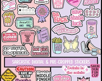 May include: A collection of sarcastic digital and pre-cropped stickers with various phrases and graphics. The stickers include text like "Ok Karen", "Bitch It's Karma", and "I Have No Filter". The color palette is primarily pink, white, and black.