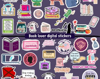 May include: A collection of digital stickers with a book lover theme. The stickers feature various designs, including stacks of books, reading quotes, ghosts, and a typewriter. The color palette includes pink, purple, and blue.