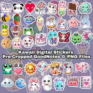 May include: A collection of colorful digital stickers featuring various characters and objects including animals, food, plants, and icons with the text Kawaii Digital Stickers Pre-Cropped GoodNotes & PNG Files displayed in the center of the image.