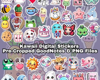 May include: A collection of colorful, kawaii-style digital stickers. The stickers feature various cute characters and objects, including animals, food items, and other whimsical designs. Text on the image reads "Kawaii Digital Stickers - Pre-Cropped GoodNotes & PNG Files."