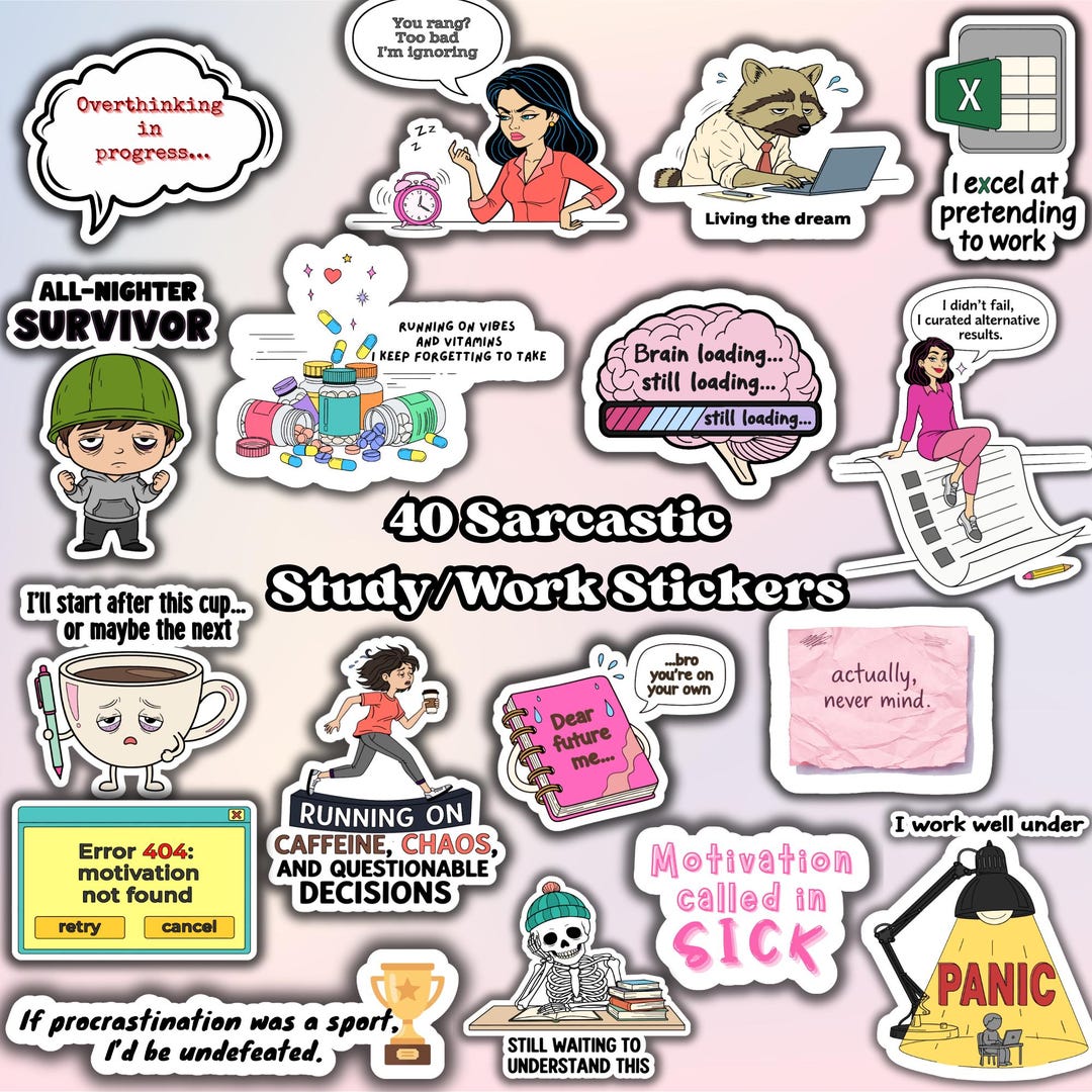 Procrastinate Sticker Sarcastic Study Stickers, Funny Procrastination Sticker Pack (40 PNG ...