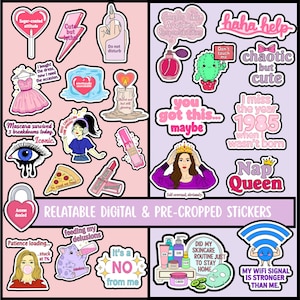 Peut inclure: Une collection d'autocollants numériques et pré-découpés avec divers motifs et textes. Les autocollants présentent des phrases telles que "Cute but psycho", "You got this...maybe" et "Nap Queen". La palette de couleurs comprend le rose, le violet et le bleu.