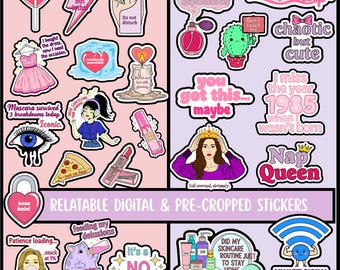 Relatable & Sarcastic Digital Sticker Pack | Funny Quote PNGs for GoodNotes and Printable Planner Sheets