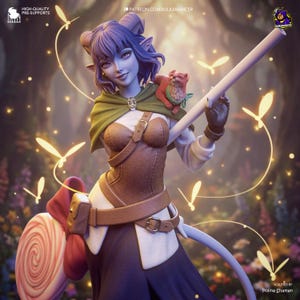 Peut inclure: Figurine détaillée d'un personnage à la peau bleue, avec des cornes et des cheveux violets, portant un corset marron, une cape verte et tenant un bâton blanc. Une petite créature rouge est sur l'épaule du personnage.