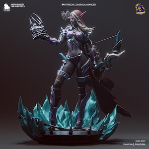 May include: A detailed figurine of a female archer in dark armour, holding a clawed gauntlet and a bow. The figure has long blonde hair, a red hood, and is standing on a blue crystal base. The figure is a guest artist creation.