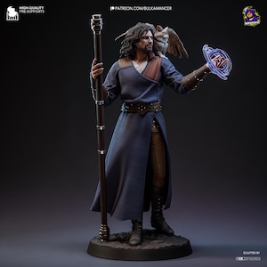 Può includere: Statuetta dettagliata di un mago in un lungo cappotto blu, con un bastone e che evoca energia. Un gufo è appoggiato sulla sua spalla. La figura è su una base rotonda. Il testo "HIGH-QUALITY PRE-SUPPORTS" e "PATREON.COM/BULKAMANCER" sono visibili.