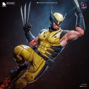 Peut inclure: Une figurine 3D détaillée représentant un personnage vêtu d'une combinaison tactique jaune et noire avec un masque assorti aux oreilles pointues. La figurine a des griffes métalliques aux deux mains, une musculature marquée et un saut dynamique.