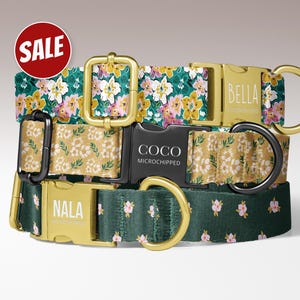 Personalized Floral Dog Collar: Abstract Flower Print, Custom Engraved Buckle, Handmade USA, CDC-031