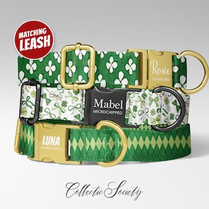 May include: Three dog collars in green and white patterns with gold and black hardware. The collars feature names and phone numbers. A red circle with the text "Matching Leash" is in the top left.