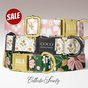May include: Three floral dog collars in pink, white, and green with gold and black hardware. The collars are personalized with names and microchipped information. A red circle with the word "SALE" is in the upper left corner. The brand name "Collectic Society" is at the bottom.