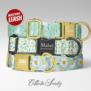 May include: Three dog collars with floral and daisy patterns. The collars have gold and black hardware, with names and phone numbers engraved on the buckles. The collars are labeled "Luna", "Mabel", and "Rosie". A red circle with the words "Matching Leash" is in the top left.