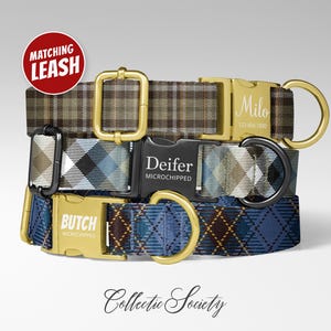 May include: Three dog collars with plaid patterns in brown, blue, and white. Each collar has a metal buckle with a name and phone number or the dog's name. A red circle with the words "Matching Leash" is in the top left.