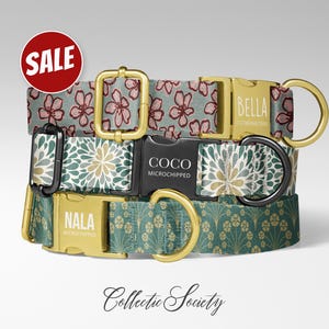 May include: Three dog collars with floral and geometric patterns. The collars have gold-colored buckles and black buckles. The top collar has a pink floral pattern on a light blue background. The middle collar has a teal, gold, and white floral design. The bottom collar has a teal and gold geometric pattern.