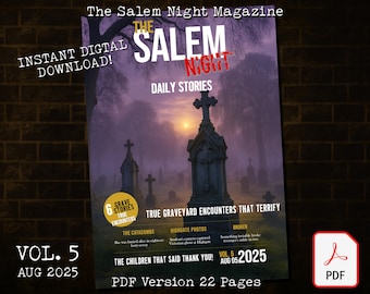 Könnte beinhalten: Titelseite des Magazins "The Salem Night Magazine" mit einer Friedhofsszene und einem großen Grabstein. Der Text enthält "Daily Stories", "True Graveyard Encounters That Terrify" und "Instant Digital Download!".