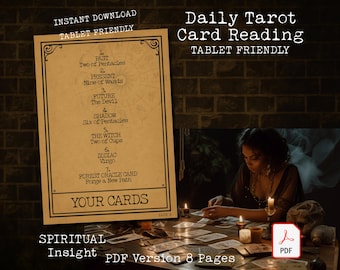 May include: A digital download of a Daily Tarot Card Reading, tablet-friendly, with a list of card readings including Past, Present, Future, and Shadow. The image also shows a person reading tarot cards with candles.