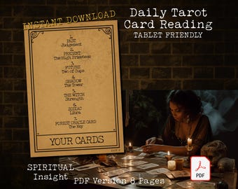 May include: A digital download for a Daily Tarot Card Reading, tablet-friendly, with a PDF version. The image shows a woman reading tarot cards by candlelight, with a list of card categories including Past, Present, and Future.