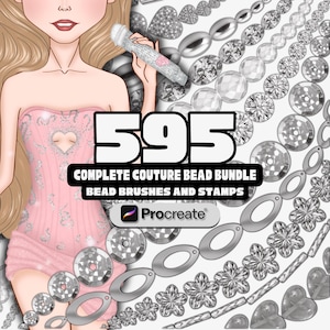 May include: Digital art image featuring a pink dress with silver embellishments and a microphone. The image includes the text "595 COMPLETE COUTURE BEAD BUNDLE BEAD BRUSHES AND STAMPS" and the Procreate logo, showcasing various bead designs.
