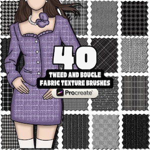 Może przedstawiać: Ilustracja kobiety w fioletowym tweedowym kostiumie, z różnymi próbkami tkanin tweed i bouclé. Obraz zawiera tekst "40 TWEED AND BOUCLE FABRIC TEXTURE BRUSHES" oraz logo Procreate.