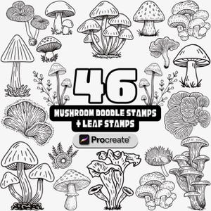 Op de afbeelding: Een verzameling van 46 paddenstoel- en blad-doodle-stempels in zwart-wit. De afbeelding bevat verschillende paddenstoelillustraties en de tekst "Mushroom Doodle Stamps + Leaf Stamps" met het Procreate-logo.