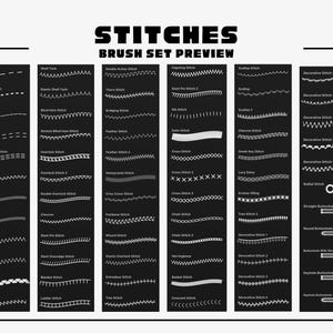 K&ouml;nnte beinhalten: Schwarz-wei&szlig;e Grafik mit einer Vorschau verschiedener Stiche. Der Text "STITCHES BRUSH SET PREVIEW" steht oben. Das Bild zeigt verschiedene Sticharten, darunter Lauf-, Gerade- und Zierstiche.