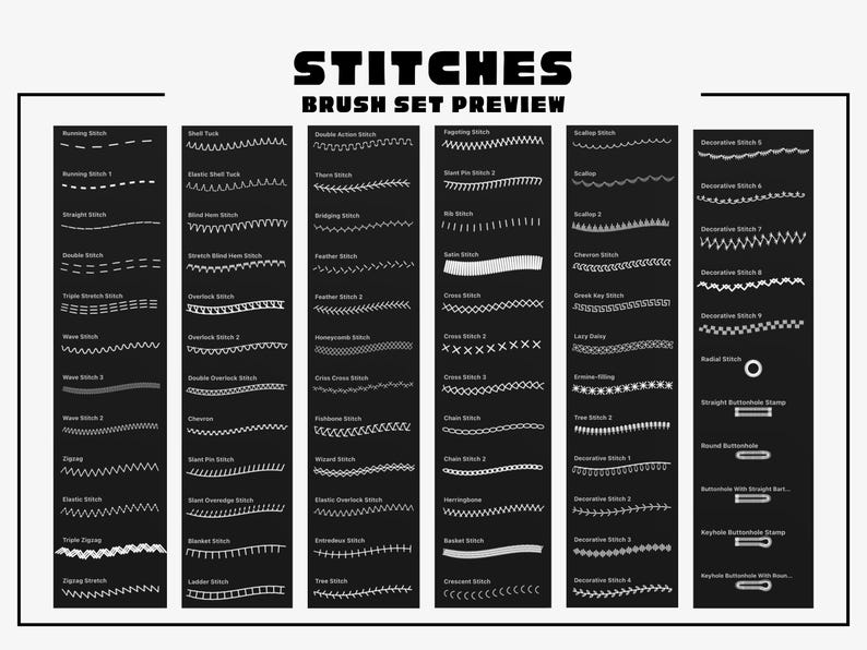 K&ouml;nnte beinhalten: Schwarz-wei&szlig;e Grafik mit einer Vorschau verschiedener Stiche. Der Text "STITCHES BRUSH SET PREVIEW" steht oben. Das Bild zeigt verschiedene Sticharten, darunter Lauf-, Gerade- und Zierstiche.