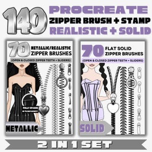 May include: Digital art set with 140 Procreate zipper brushes and stamps. The set includes 70 metallic/realistic and 70 flat solid zipper brushes, with open and closed zipper teeth and sliders. The image shows two illustrations of women wearing corsets.