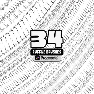 May include: Black and white digital art featuring various ruffle brush designs. The number "34" is displayed in a bold font, with the text "RUFFLE BRUSHES" below it. The Procreate logo is also visible.