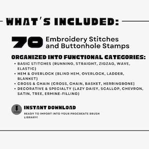 K&ouml;nnte beinhalten: Schwarz-wei&szlig;e Grafik mit dem Text "WHAT'S INCLUDED: 70 Stickstiche und Knopflochstiche". Der Text ist in funktionale Kategorien wie Grundstiche und dekorative Stiche unterteilt. Sofortiger Download verf&uuml;gbar.