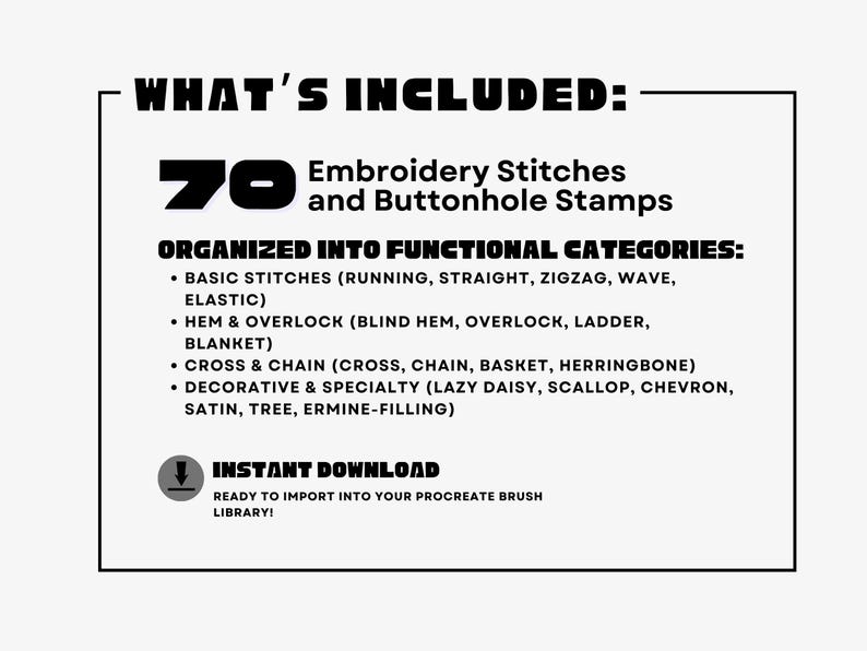 K&ouml;nnte beinhalten: Schwarz-wei&szlig;e Grafik mit dem Text "WHAT'S INCLUDED: 70 Stickstiche und Knopflochstiche". Der Text ist in funktionale Kategorien wie Grundstiche und dekorative Stiche unterteilt. Sofortiger Download verf&uuml;gbar.