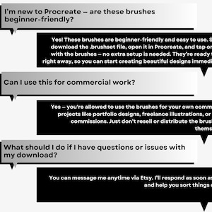 K&ouml;nnte beinhalten: Schwarz-wei&szlig; FAQ-Grafik. Der Text behandelt h&auml;ufige Fragen zu Procreate-Pinseln, einschlie&szlig;lich ihrer Eignung f&uuml;r Anf&auml;nger und kommerzielle Zwecke. Antworten werden in Sprechblasen pr&auml;sentiert und bieten klare Anleitungen.