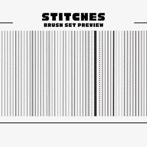 K&ouml;nnte beinhalten: Schwarz-wei&szlig;e Grafik mit dem Text "STITCHES BRUSH SET PREVIEW" oben. Das Bild zeigt eine Vielzahl von Stichmustern, darunter gestrichelte Linien, Zickzacklinien und Kreuzstiche, die vertikal angeordnet sind.