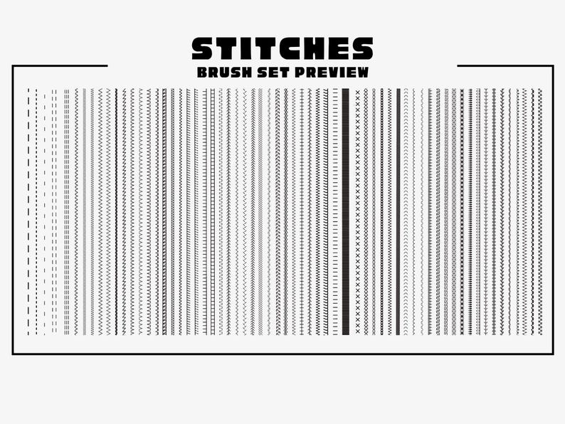 K&ouml;nnte beinhalten: Schwarz-wei&szlig;e Grafik mit dem Text "STITCHES BRUSH SET PREVIEW" oben. Das Bild zeigt eine Vielzahl von Stichmustern, darunter gestrichelte Linien, Zickzacklinien und Kreuzstiche, die vertikal angeordnet sind.