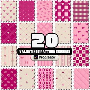 Può includere: Una griglia di 20 pennelli con motivi di San Valentino in vari disegni rosa e bianchi. I motivi includono cuori, fiocchi, baci e il testo "XOXO". È visibile anche il testo "20 Valentines Pattern Brushes" e il logo Procreate.