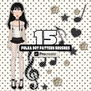 May include: A digital illustration featuring a character with long black hair wearing a polka dot top and tights, alongside musical notes, stars, buttons, and hearts. The text reads 15 POLKA DOT PATTERN BRUSHES and includes the Procreate logo.