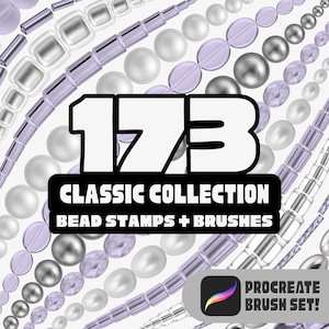 May include: An image showcasing a collection of bead stamps and brushes. The image features various bead designs in shades of silver, white, and lavender. The number "173" is prominently displayed, along with the text "CLASSIC COLLECTION BEAD STAMPS + BRUSHES".