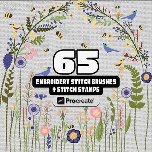 May include: Digital graphic with the number 65, floral and insect illustrations. Text reads "Embroidery Stitch Brushes + Stitch Stamps" with the Procreate logo. The design has a light grey background.