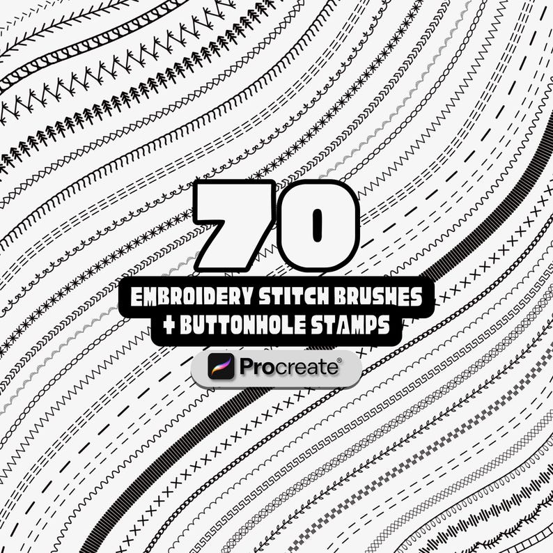 K&ouml;nnte beinhalten: Ein Bild mit 70 Stickstichpinseln und Knopflochstempeln f&uuml;r Procreate. Das Design zeigt verschiedene schwarz-wei&szlig;e Stichmuster, die in gebogenen Linien angeordnet sind, wobei die Zahl 70 prominent dargestellt wird.