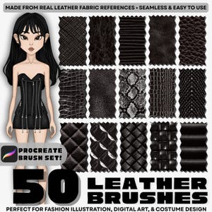 Può includere: Set di pennelli in pelle per Procreate con 50 pennelli. L'immagine mostra varie texture di pelle nera, tra cui motivi a coccodrillo, trapuntati e pelle di serpente. Perfetto per l'illustrazione di moda, l'arte digitale e il design di costumi. Il testo recita: 'Realizzato con riferimenti di tessuto in vera pelle'.