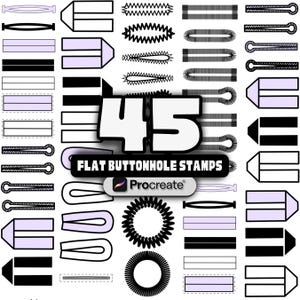 May include: An assortment of 45 flat buttonhole stamps in black and white, with some designs in lavender. The stamps feature diverse shapes and styles, including straight lines, zigzags, and rounded forms. The text "45 FLAT BUTTONHOLE STAMPS" is displayed.