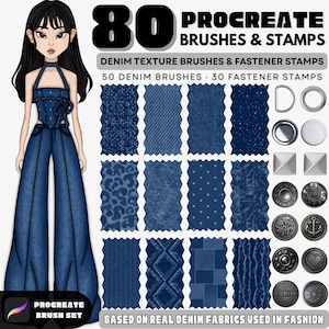 May include: Digital art supplies for Procreate featuring 80 brushes and stamps. Includes denim texture brushes and fastener stamps. The image shows a denim-clad fashion illustration and various denim fabric swatches and metal fastener stamps.